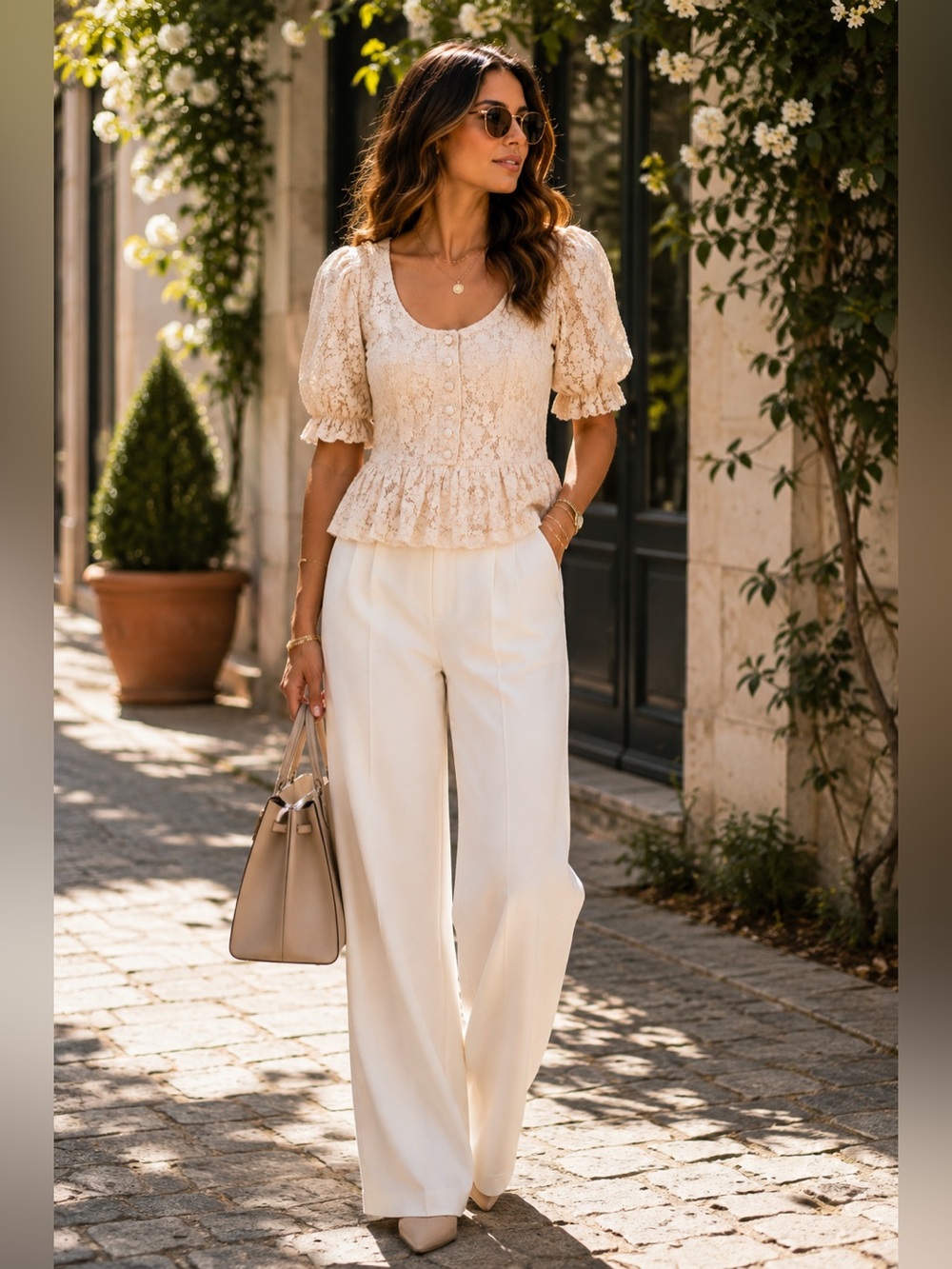 Twin-Set Lace Peplum Blouse in Creamy Pink